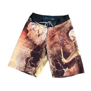 Y2K Affliction Board Shorts Size 32 Gothic Skull Trunks Swimwear AOP